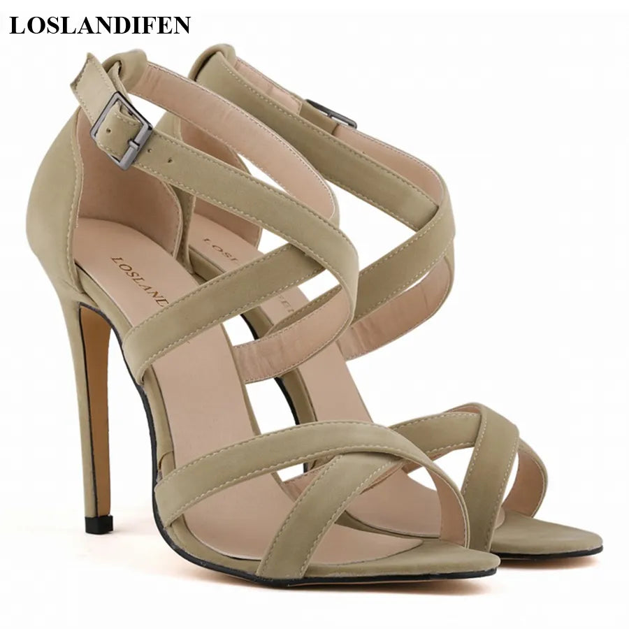 Star Style Open Toe Women Sandals Summer Fashion Buckle Solid Flock High Heels Shoes Women Sexy Cross Cut-Outs Party Pumps Dress