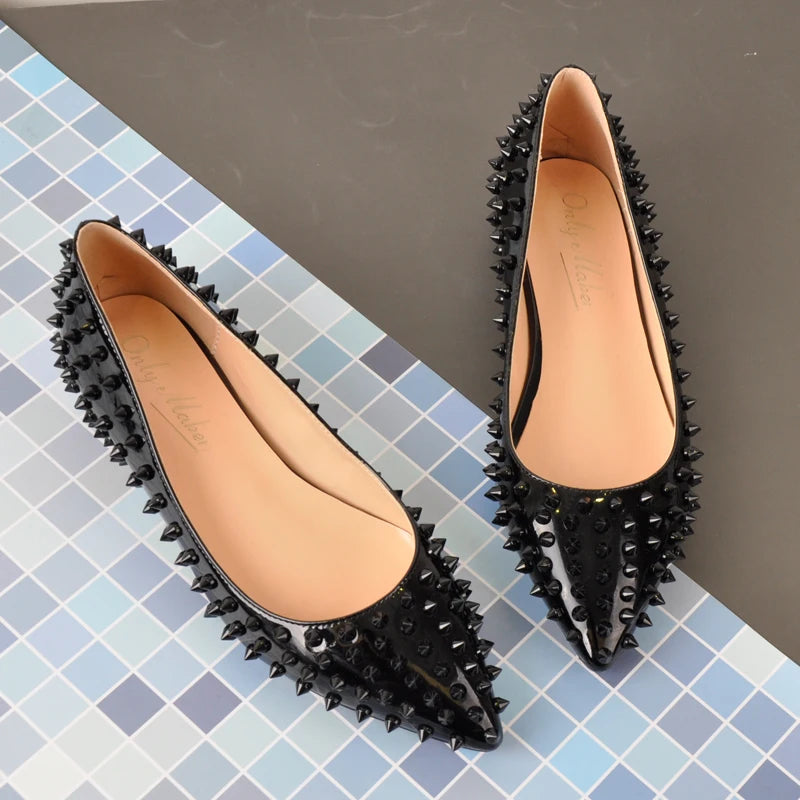 Onlymaker Woman Elegent Pointed Toe Rivet Slip On Black Studded Ballet Flat Fashion  Shoes