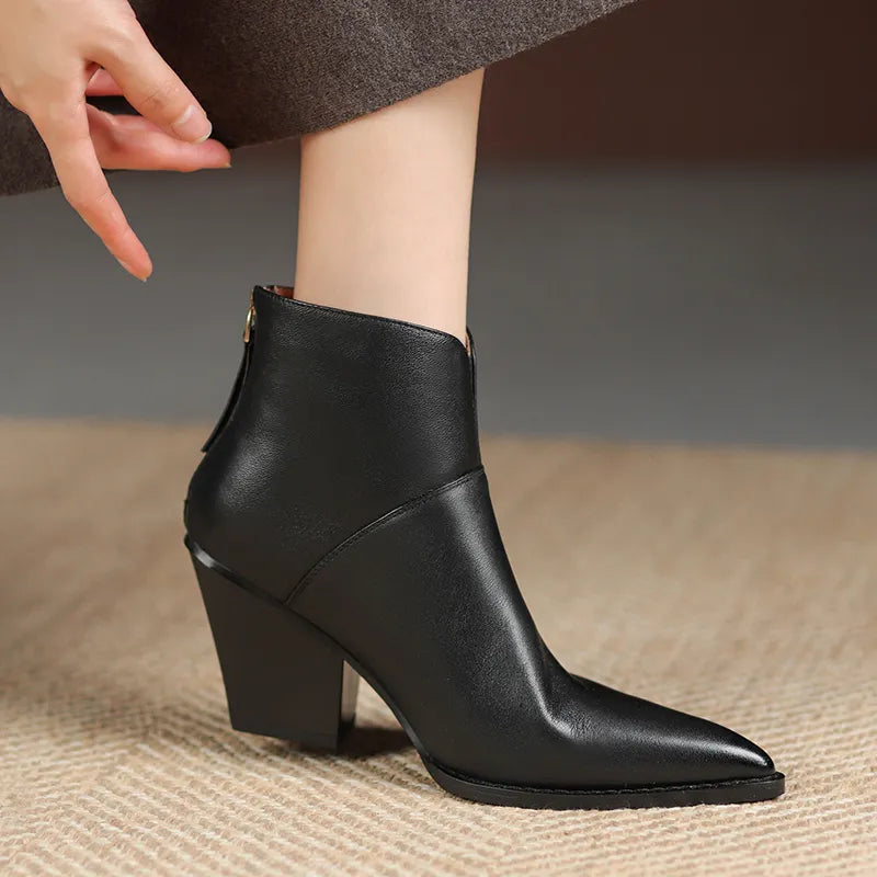 Women Ankle Boots Genuine Leather Autumn Winter Short Boots Thick Heels Pointed Toe Zipper Shoes Woman Mature Basic Office Lady
