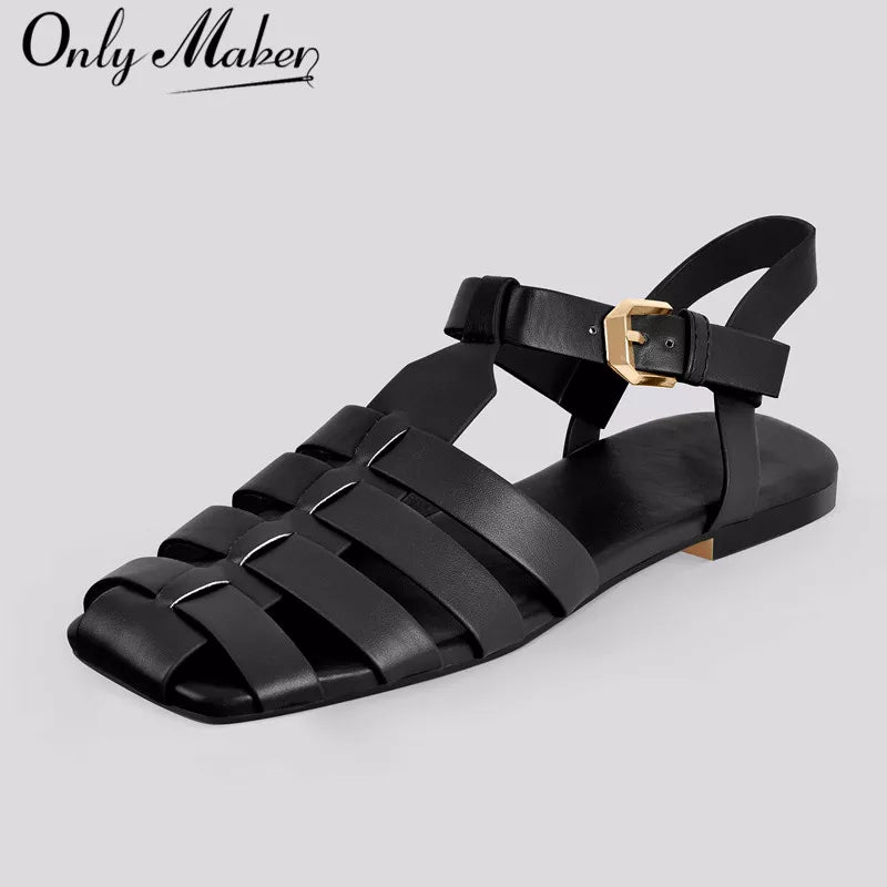 Onlymaker Brand Women's Flat Sandals Summer Casual Soft Genuine Leather Summer Roman Female Big Size Fashion Sandals