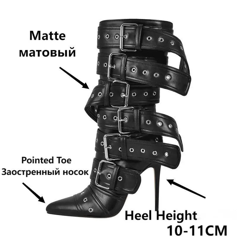 Onlymaker Women Pointed Toe Mid-Calf Boots Buckle Strap Thin High Heel Lady Zipper Female  Stiletto Boots