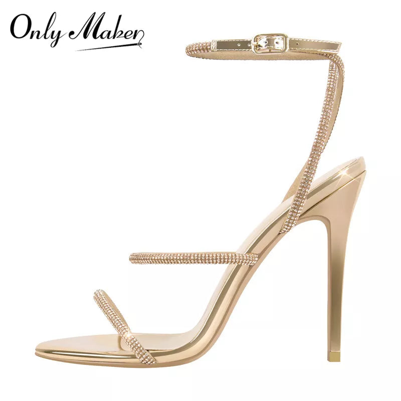 Onlymaker Summer Open Toe Thin High Heels Rhinestone Strappy  Band Large Size  Peep Toe Gold Color Women Sandals