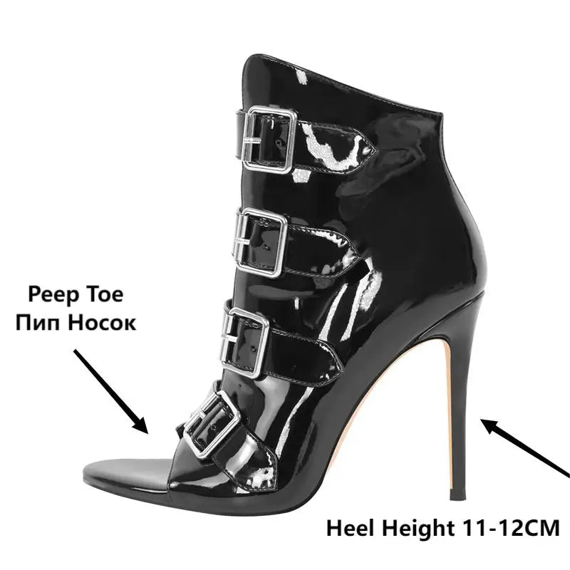Onlymaker Women  Black Patent Leather Peep Toe Buckle Strap Ankle Boots Party Office Belt Buckle Classic Zipper Boots