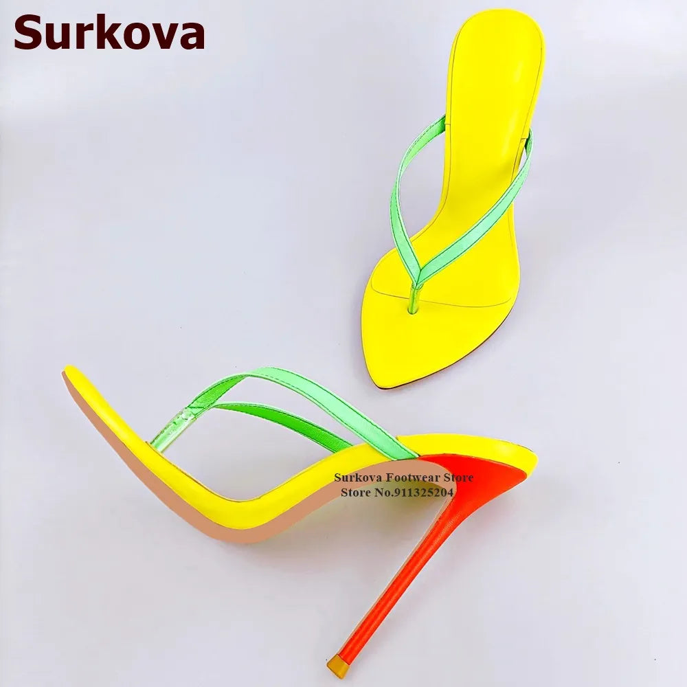 Surkova Red Thin High Heel Clip Toe Slippers Yellow Green Mixed Color Patchwork Summer Sandals Slip-on Dress Shoes Size46