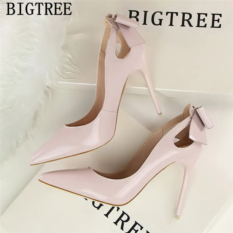 Patent Leather Butterfly-knot Sexy High Heels Women Wedding Shoes Buty Pumps Women Shoes Bigtree Shoes Tacones Altos Mujer Sexy