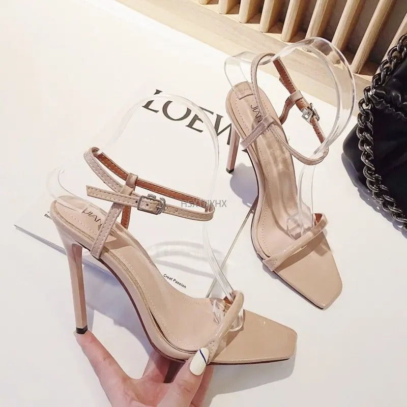 Summer New Stiletto High Heels Tassel Buckle Sandals Woman Real  Leather Open Toe Ankle Strap Women's Shoes 2022 Sandals