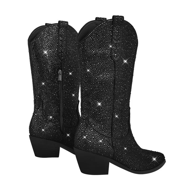 Onlymaker Women Knee High Boots Rhinestone Booties Glitter Bling Shiny Western Pointed Toe Block Heel Pull-On Cowgirl Booties