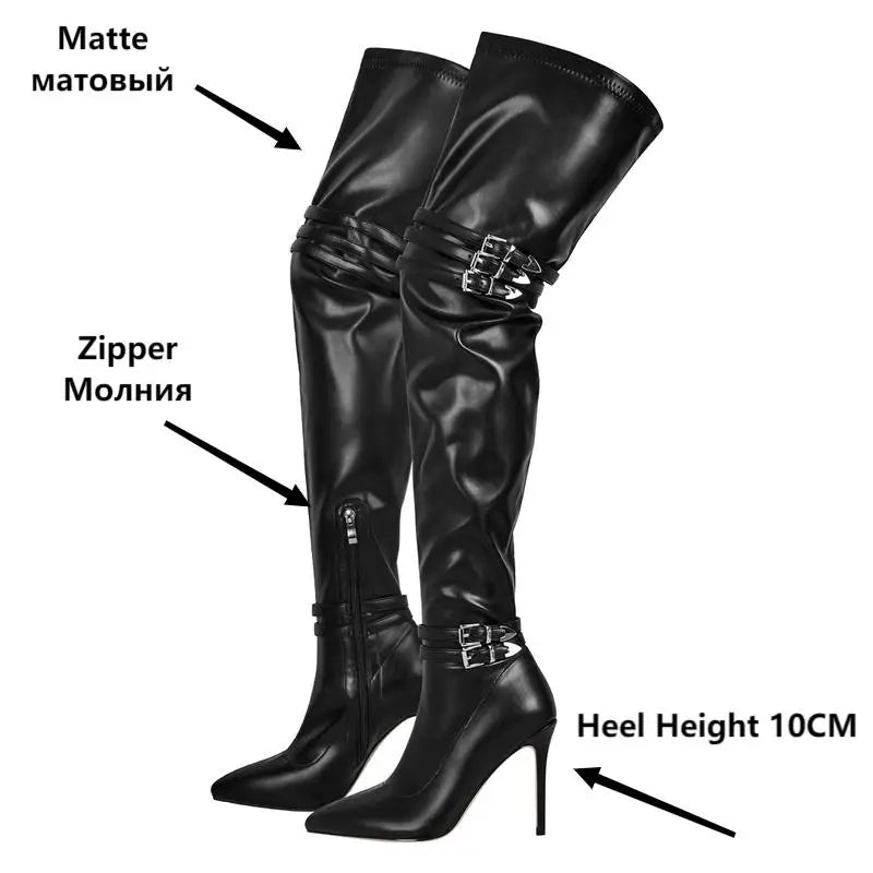 Onlymaker Women Over the Knee Stretch Boots Pointed Toe Black Matte  Big Size Thin High Heel Woman Stiletto Thigh Boots