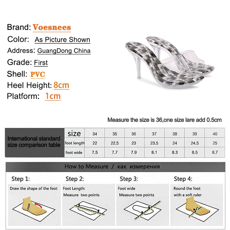 Transparent Crystal Heel Sandals 8CM Sexy PVC Outdoors Walk Shoes 2023 Summer Checkered High Heels Fashion Women Party Slippers