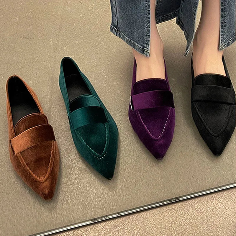 Women Luxury Velvet Moccasins Fashion Pointed Toe Loafers Ladies 2023 Spring New Purple Velour Ballet Flat Shoes