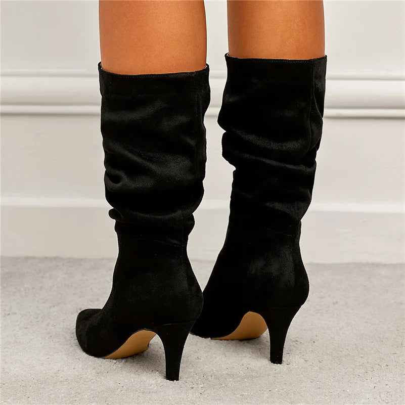 Women 7.5cm High Heels Suede Mid Calf Boots Lady Fashion Fetish Stripper Low Heels Booties Brown Flock Pleated Slipony Shoes