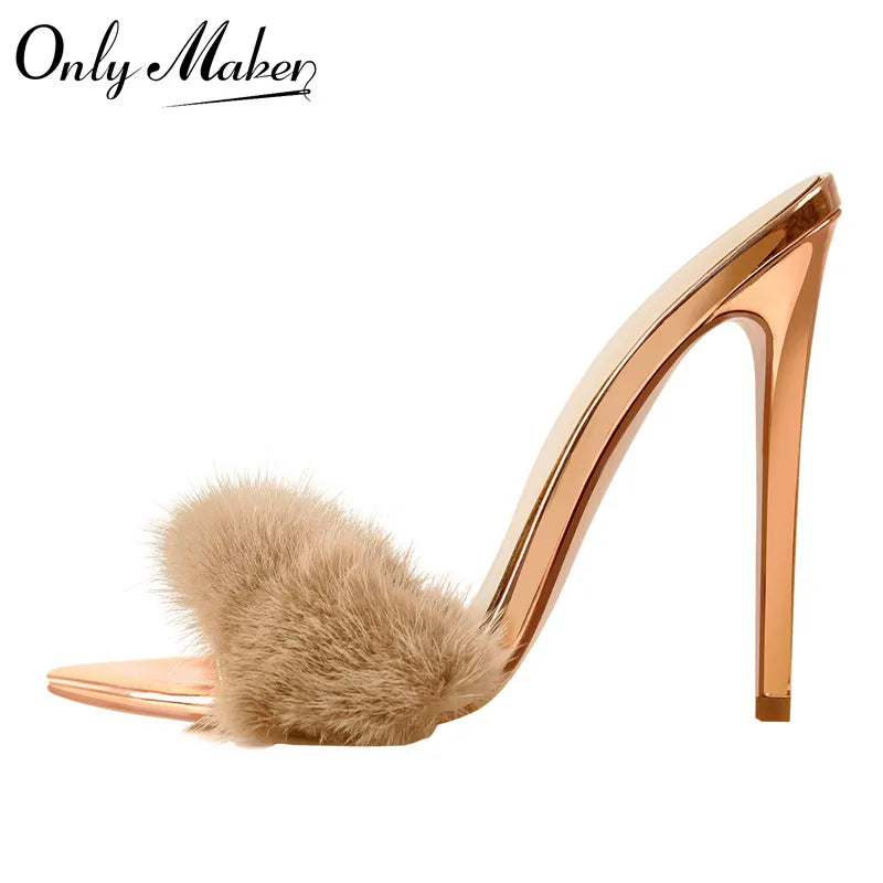 Onlymaker Peep Toe Mules Artificial Fur Slip On Gold White Thin High Sandals Big Size High Quality Summer Women Brand Sandals