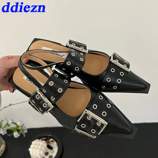 Women Flats Shoes 2023 Summer Spring Buckle Casual Female Luxury Sandals Shoes Fashion Pointed Toe Ladies Slingback Mules