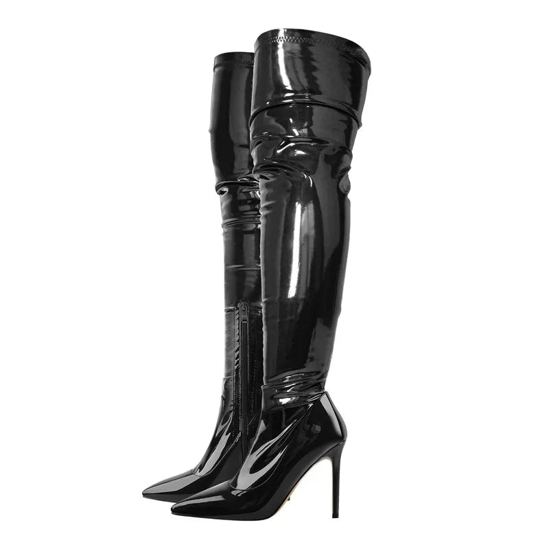 Onlymaker Women Pointed Toe Side Zipper Patent Leather Thin High Heels Concise Sexy Party Over The Knee Spring Autumn  Boots