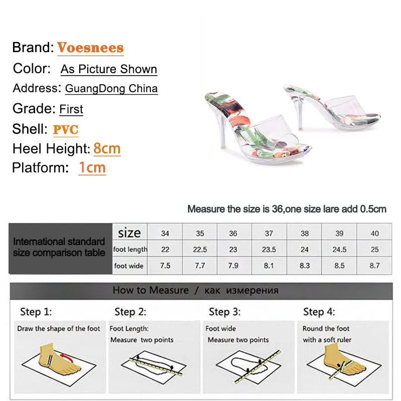 Transparent Slipper 2023 New Sexy PVC Thin Heeled Sandals Fashion Women Print High Heels Pumps 8CM Summer Everyday Crystal Shoes
