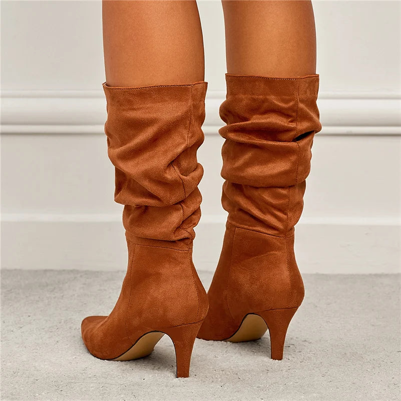 Women 7.5cm High Heels Suede Mid Calf Boots Lady Fashion Fetish Stripper Low Heels Booties Brown Flock Pleated Slipony Shoes