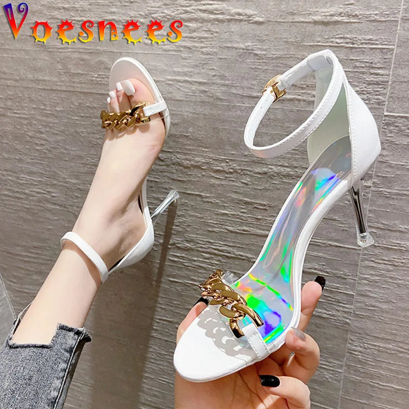 White Chain Style PVC Transparent Women Sandals Buckle Strap Summer Female Pumps 8.5CM Fashion Banquet Wedding High Heels Shoes