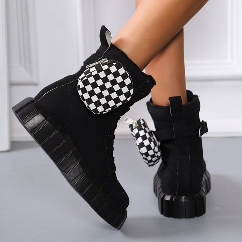 Punk Ankle Boots With Belt Buckle Pocket Designer Boots Chunky Heel Shoes Women