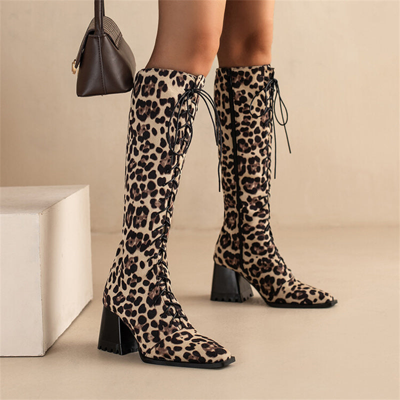 Leopard Print Boots With Pointed Toes And Thick Heels