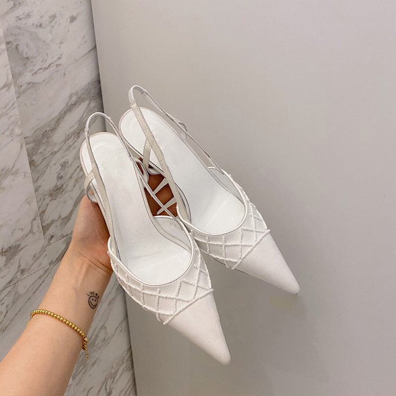 Pointed Silk Thin Heel Pearl French Style Baotou Sandals Female