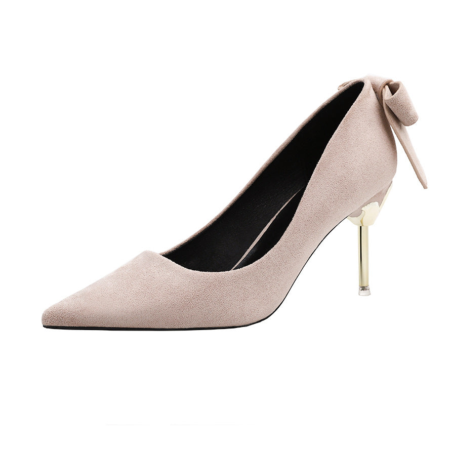 Korean Fashion Suede Pointed Bow Shallow Mouth Fine With Sexy High-heeled Shoes